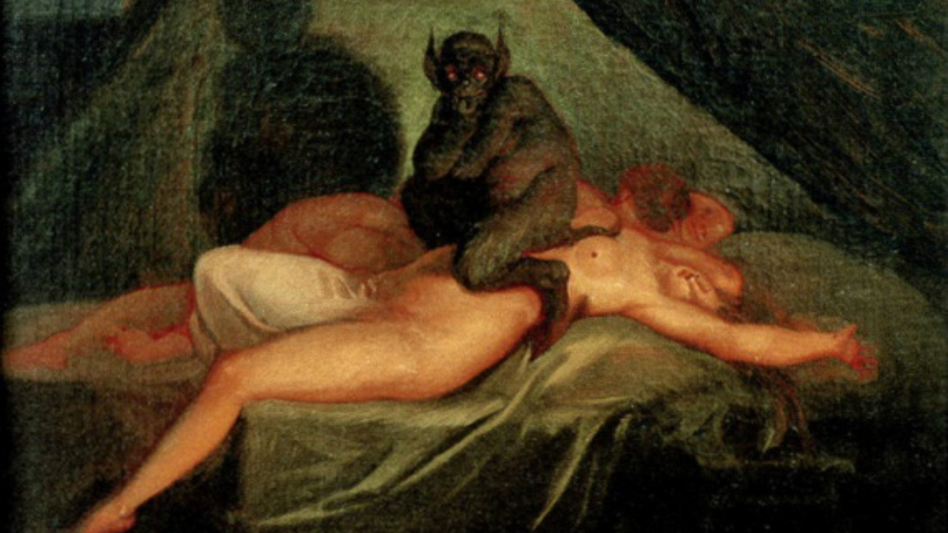 Illustration of demon sitting on naked woman