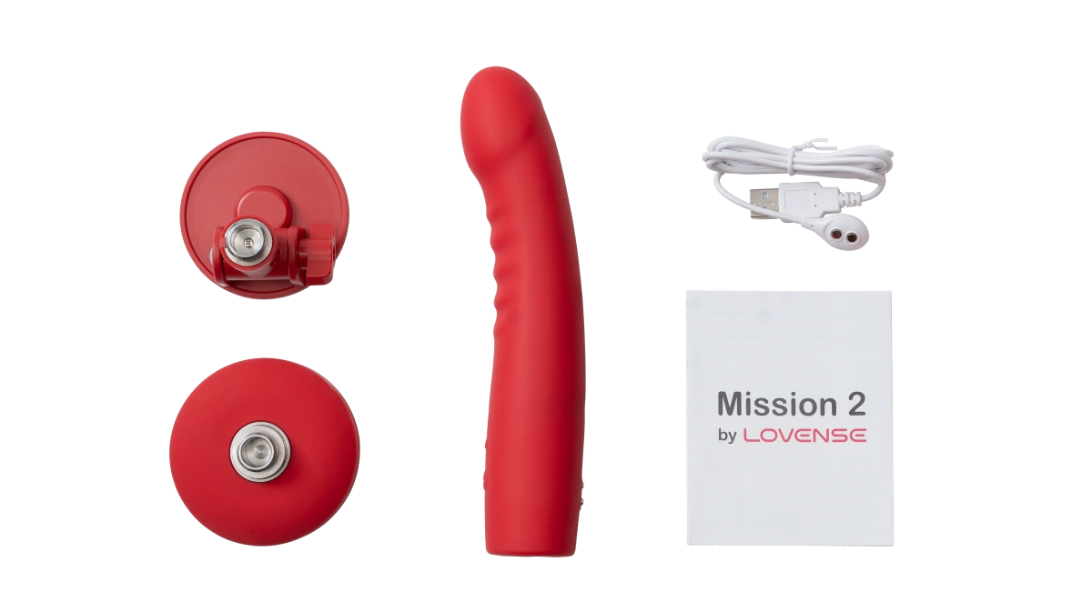 Lovense Mission 2 package contents with suction base charging cable and manual