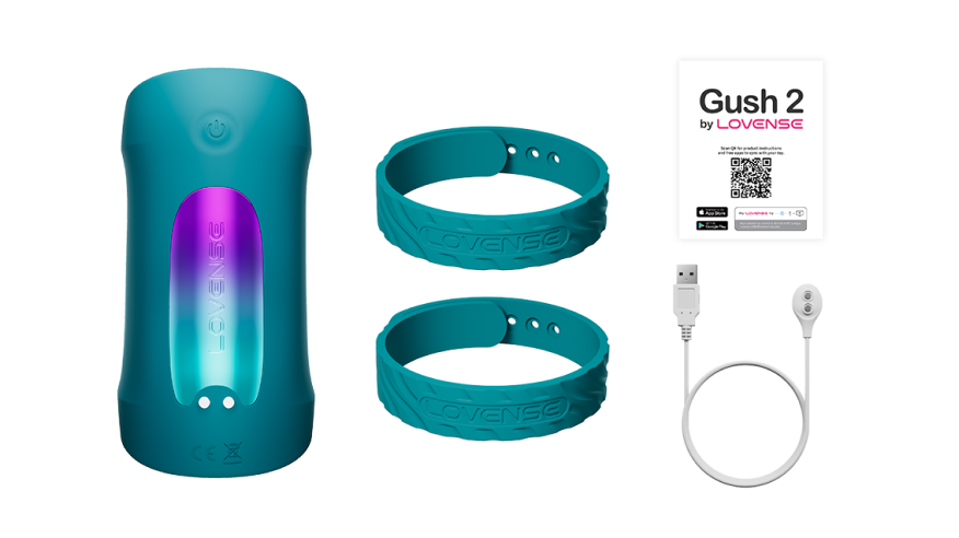 Lovense Gush 2 package contents with adjustable bands and charging cable