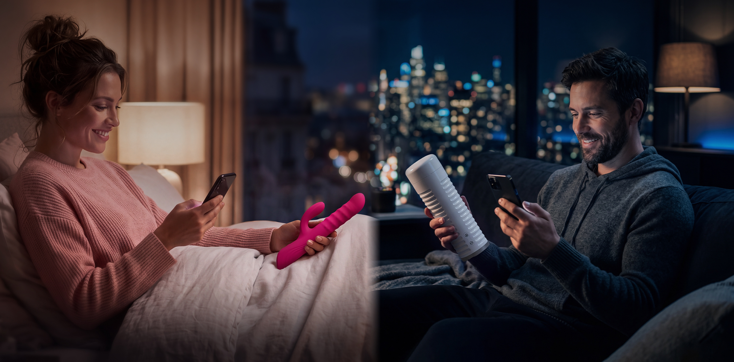 Long-distance couple connecting between separate homes at night