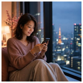 Woman connecting from Tokyo at night