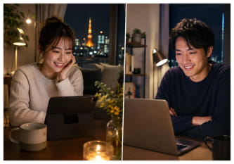 Japanese couple connecting remotely