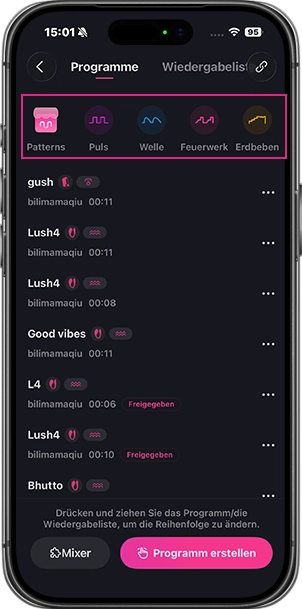 Vibration patterns on Lovense Remote app.