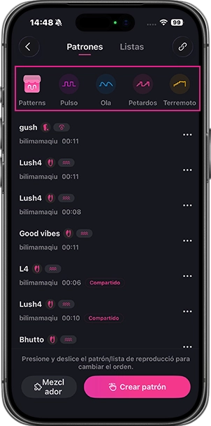 Patrones de vibración en la aplicación Lovense Remote.