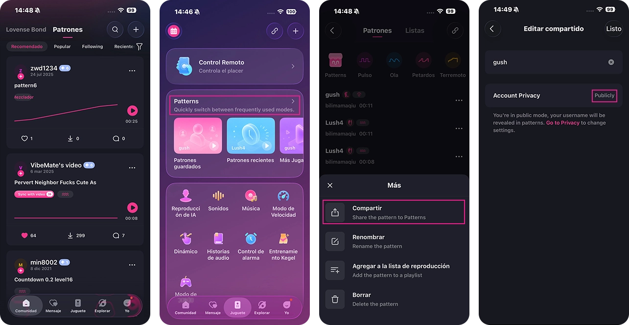 Patrones de vibración ilimitados disponibles en la aplicación Lovense Remote.
