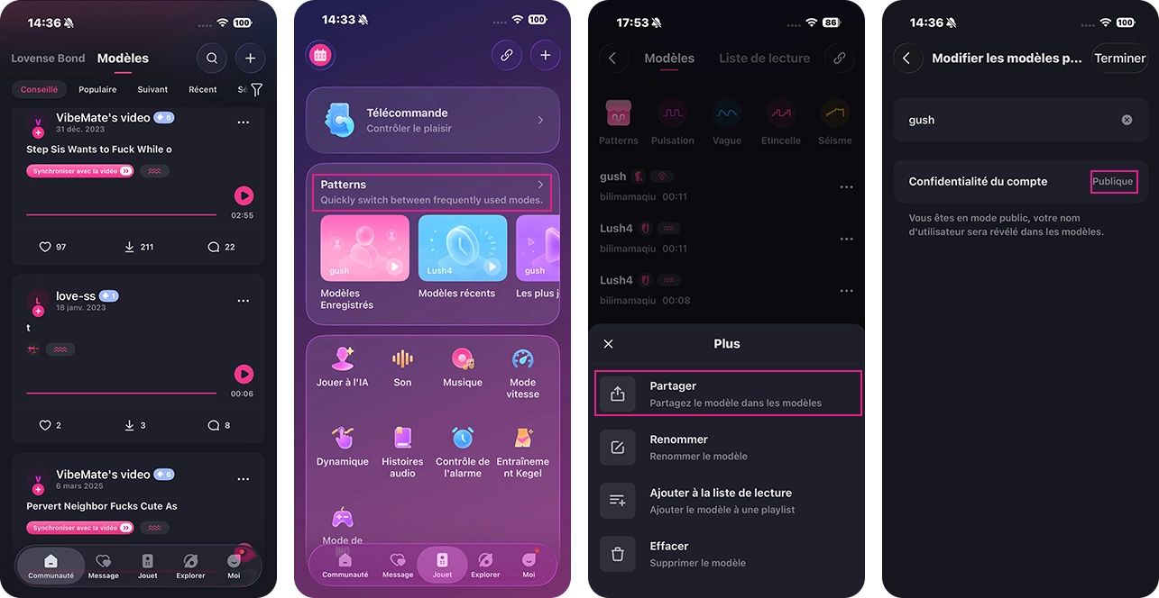 Modèles de vibration illimités disponibles sur l'Application Lovense Remote.