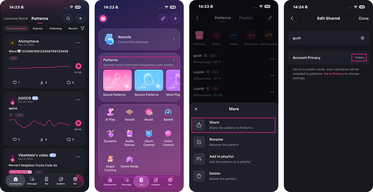 Modelli di vibrazione illimitati disponibili sull'app Lovense Remote.