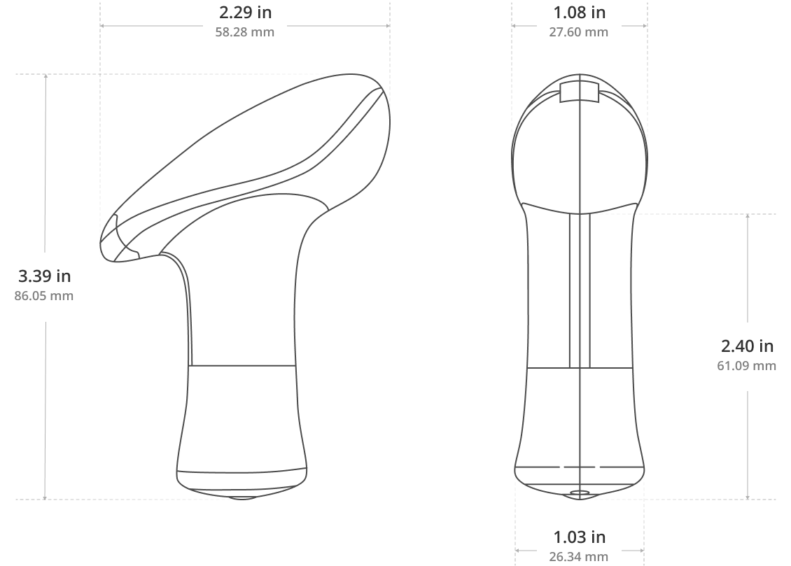 Official Lovense Ambi dimensions showing the curved head and handle measurements