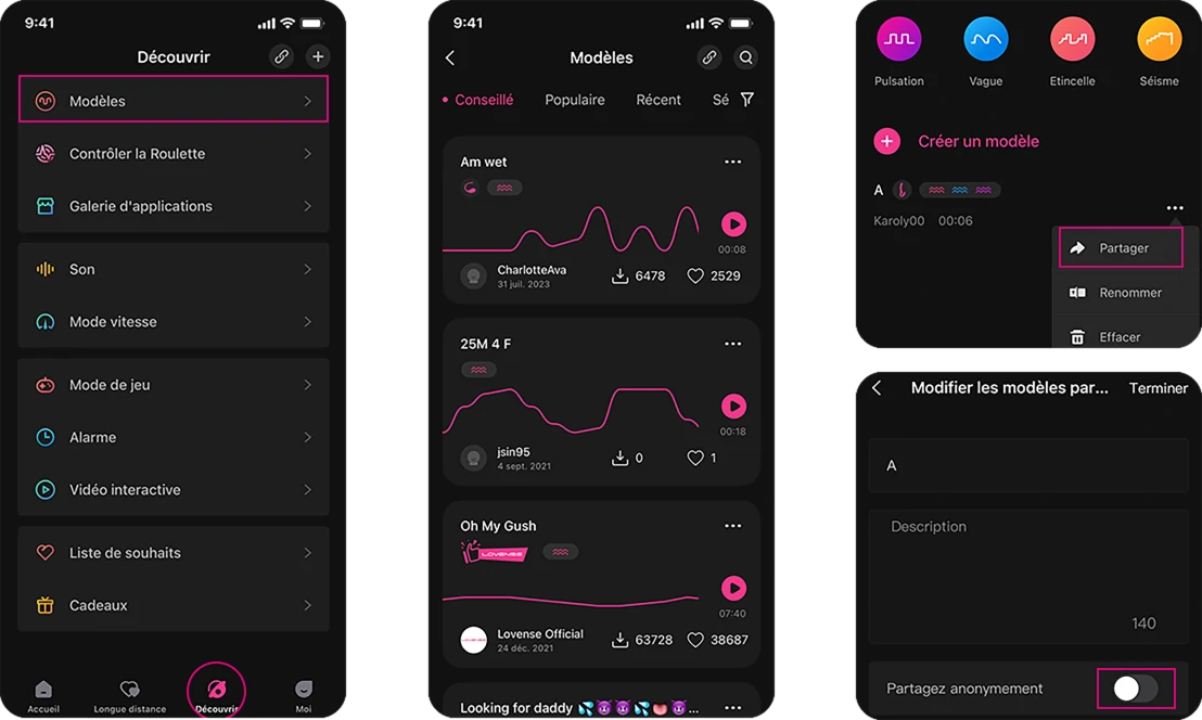 Modèles de vibration illimités disponibles sur l'Application Lovense Remote.
